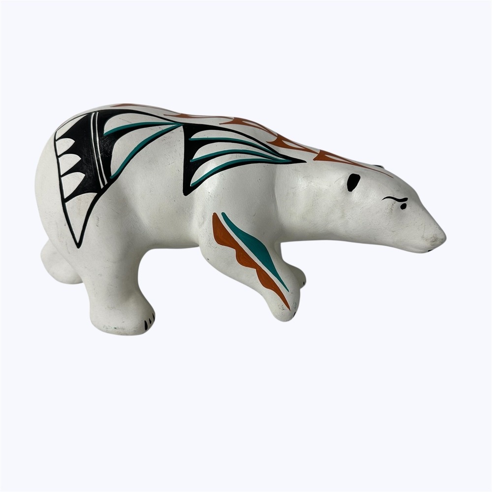 Polar Bear Pottery Figurine Signed L Toya Jemez NM Native American Hand‎ Painted